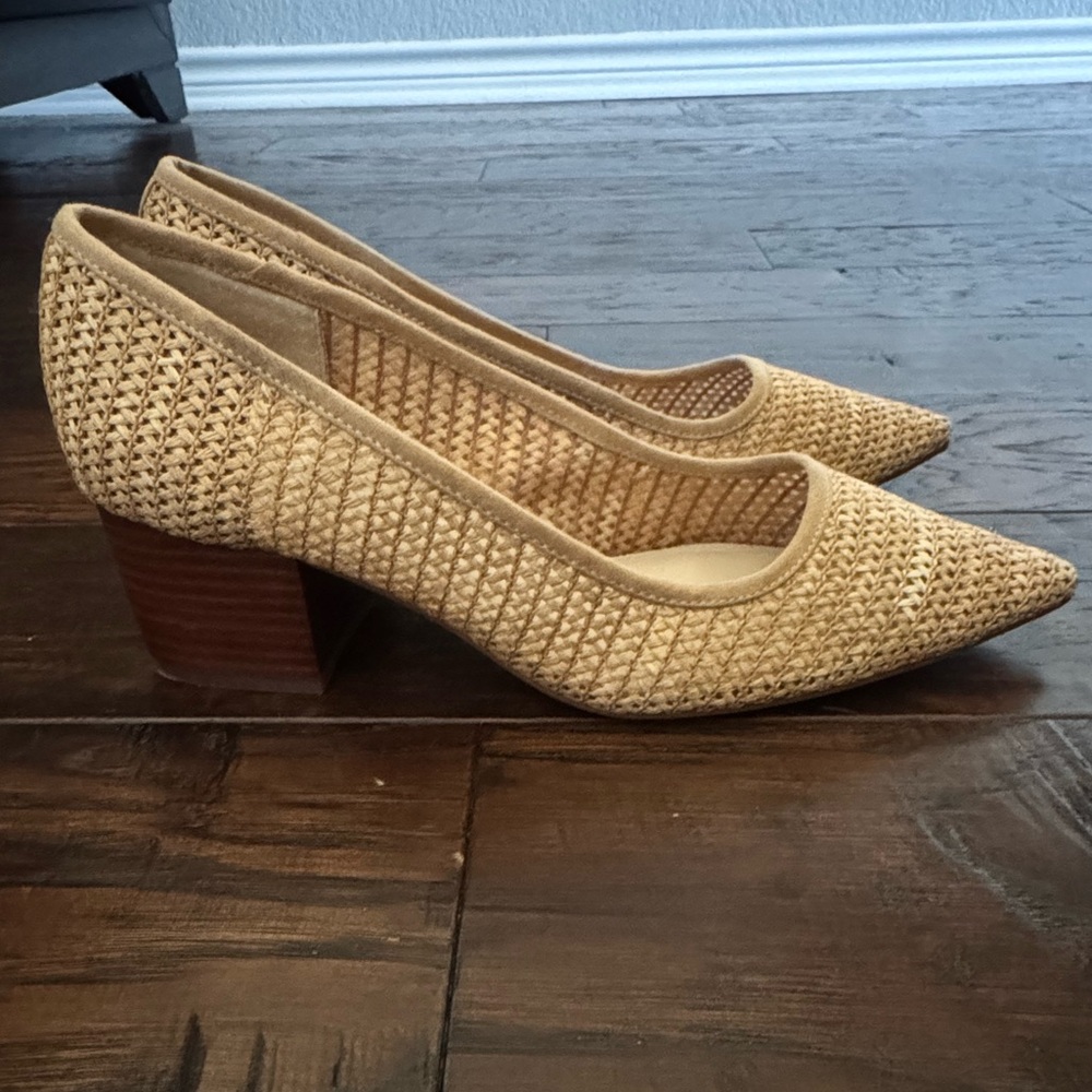 Vince Camuto Tan Woven Block Heel Shoes